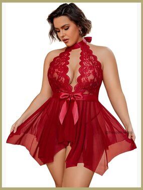 Plus Size Babydoll Chemise with Floral Lace and Mesh